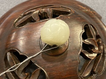 A large Chinese blanc de Chine censer with jade-topped wooden lid and stand, 18/19th C.